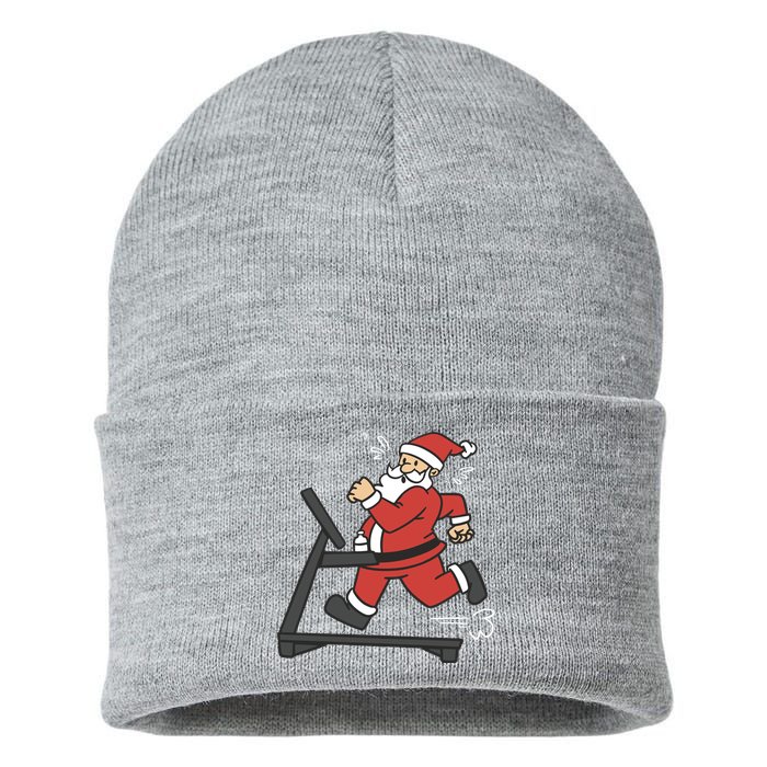 Santa Running On Treadmill Funny Fitness Sustainable Knit Beanie