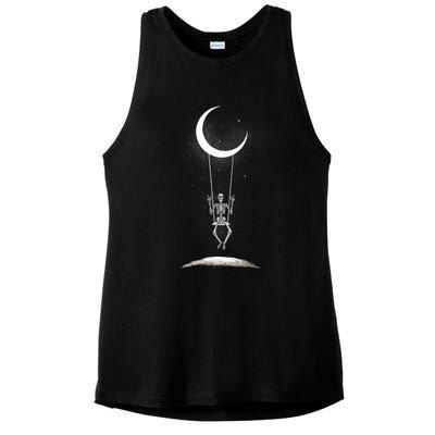 Skeleton Rock On Moon Spooky Halloween Rock Band Concerts Ladies PosiCharge Tri-Blend Wicking Tank