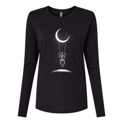 Skeleton Rock On Moon Spooky Halloween Rock Band Concerts Womens Cotton Relaxed Long Sleeve T-Shirt