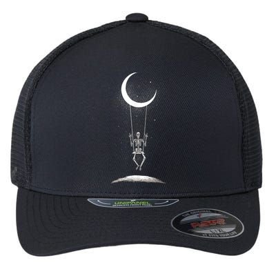 Skeleton Rock On Moon Spooky Halloween Rock Band Concerts Flexfit Unipanel Trucker Cap