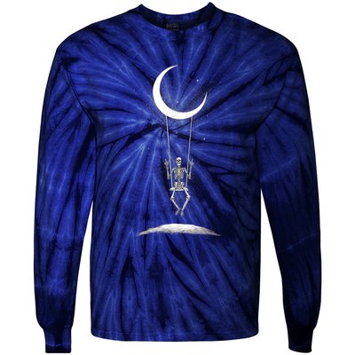 Skeleton Rock On Moon Spooky Halloween Rock Band Concerts Tie-Dye Long Sleeve Shirt