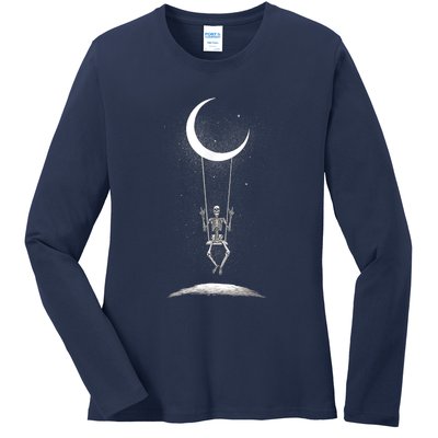 Skeleton Rock On Moon Spooky Halloween Rock Band Concerts Ladies Long Sleeve Shirt