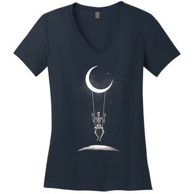 Skeleton Rock On Moon Spooky Halloween Rock Band Concerts Women's V-Neck T-Shirt