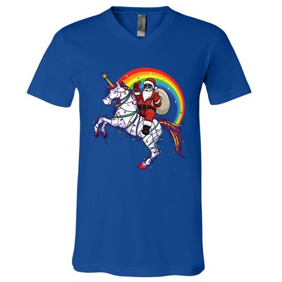 Santa Riding On Unicorn Christmas Gift Great Gift V-Neck T-Shirt