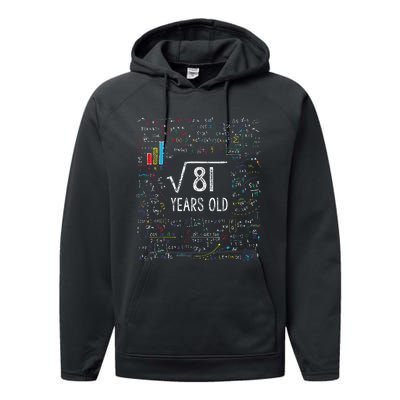 Square Root Of 81 9th Birthday 9 Year Old Gifts Math Bday Performance Fleece Hoodie