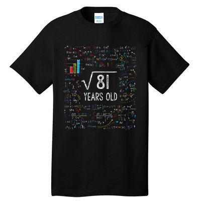 Square Root Of 81 9th Birthday 9 Year Old Gifts Math Bday Tall T-Shirt