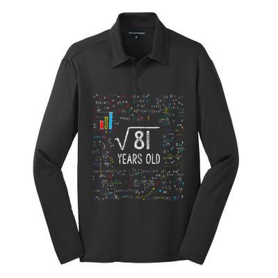 Square Root Of 81 9th Birthday 9 Year Old Gifts Math Bday Silk Touch Performance Long Sleeve Polo