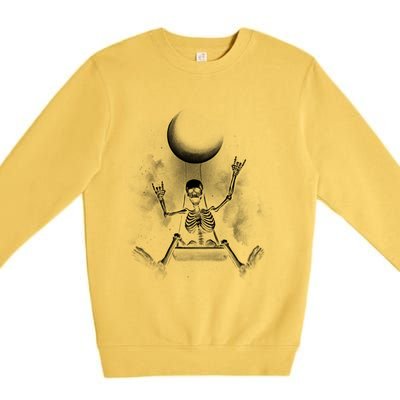 Skeleton Rock On Moon Spooky Halloween Rock Bands Concerts Gift Premium Crewneck Sweatshirt