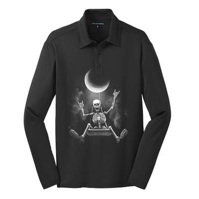 Skeleton Rock On Moon Spooky Halloween Rock Bands Concerts Gift Silk Touch Performance Long Sleeve Polo