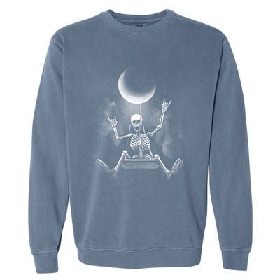 Skeleton Rock On Moon Spooky Halloween Rock Bands Concerts Gift Garment-Dyed Sweatshirt