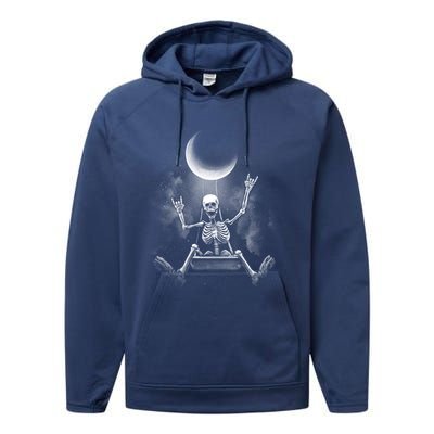 Skeleton Rock On Moon Spooky Halloween Rock Bands Concerts Gift Performance Fleece Hoodie