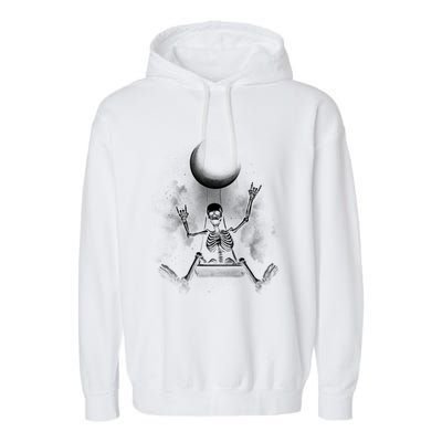 Skeleton Rock On Moon Spooky Halloween Rock Bands Concerts Gift Garment-Dyed Fleece Hoodie