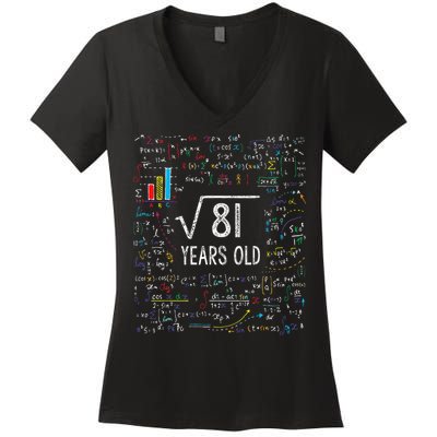 Square Root Of 81 9th Birthday 9 Year Old Gifts Math Bday Women's V-Neck T-Shirt