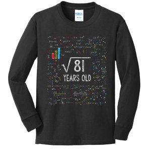 Square Root Of 81 9th Birthday 9 Year Old Gifts Math Bday Kids Long Sleeve Shirt