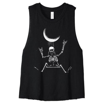 Skeleton Rock On Moon Spooky Halloween Rock Bands Concerts Women's Racerback Cropped Tank