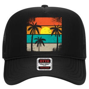 Summer Retro Palm Trees Tropical High Crown Mesh Back Trucker Hat