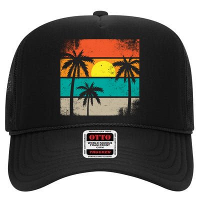 Summer Retro Palm Trees Tropical High Crown Mesh Back Trucker Hat