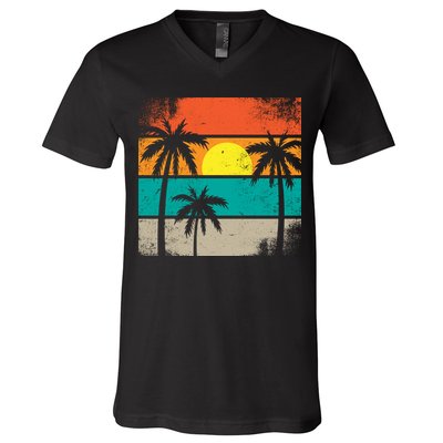Summer Retro Palm Trees Tropical V-Neck T-Shirt