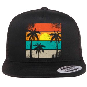 Summer Retro Palm Trees Tropical Flat Bill Trucker Hat