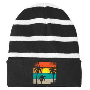 Summer Retro Palm Trees Tropical Striped Beanie with Solid Band