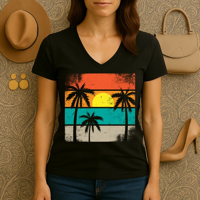 Summer Retro Palm Trees Tropical Women's V-Neck T-Shirt