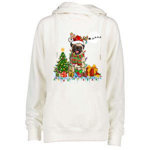 Santa Reindeer Pug Christmas Tree Lights Dog Lover Owner Gift Womens Funnel Neck Pullover Hood