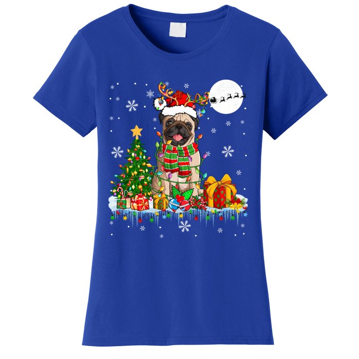 Santa Reindeer Pug Christmas Tree Lights Dog Lover Owner Gift Women's T-Shirt