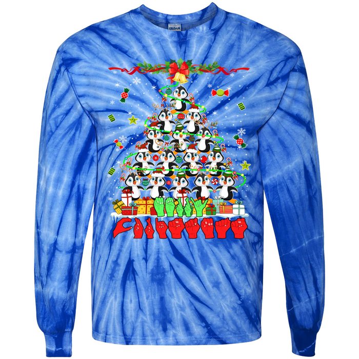 Santa Reindeer Penguins Xmas Tree Hands Sign Language Gift Tie-Dye Long Sleeve Shirt