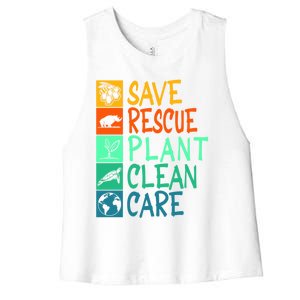 Save Rescue Plant Clean Care Animal Nature Recycle Earth Day Gift Women's Racerback Cropped Tank