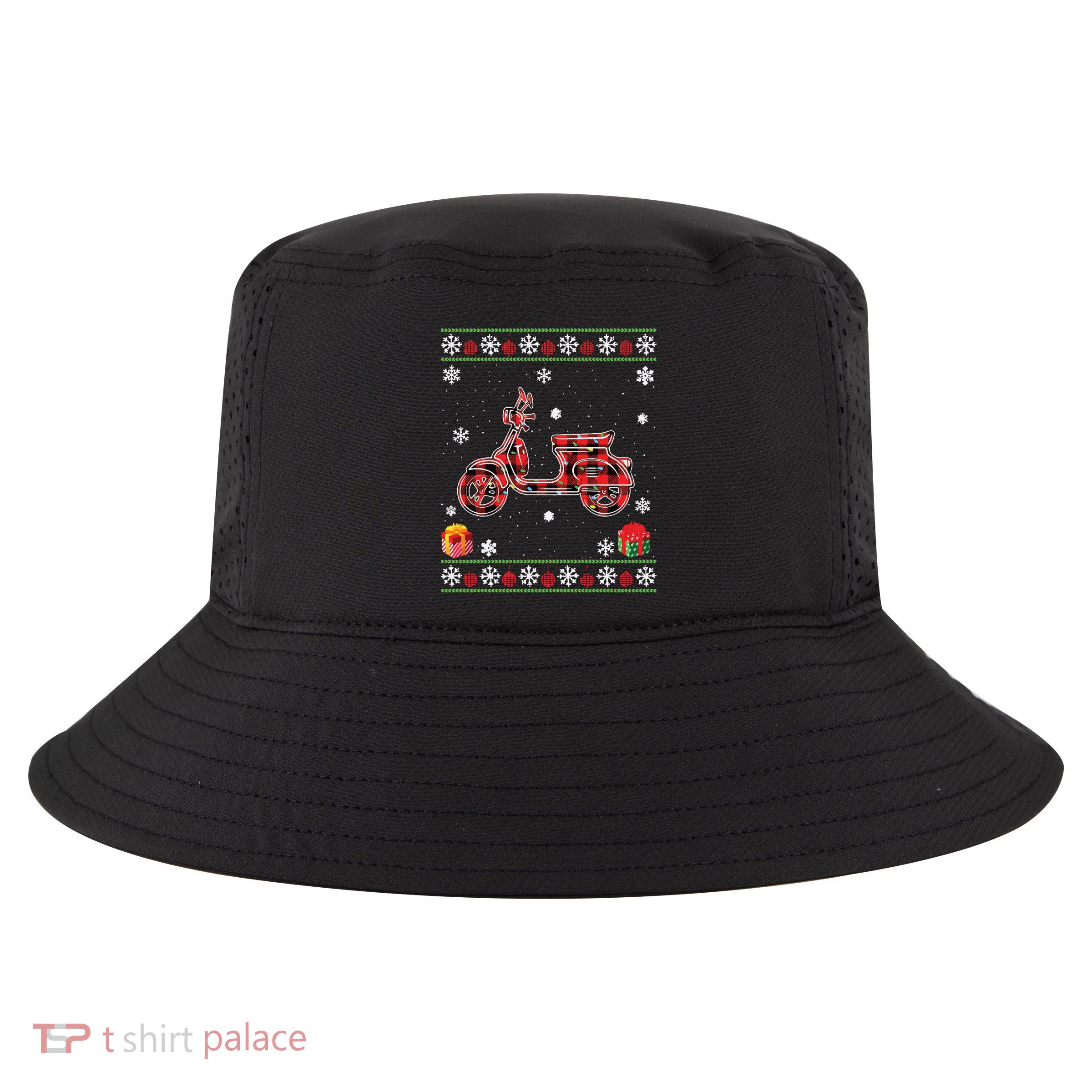 Scooters Red Plaid Xmas Lights Ugly Christmas Sweater Long Sleeve Cool Comfort Performance Bucket Hat