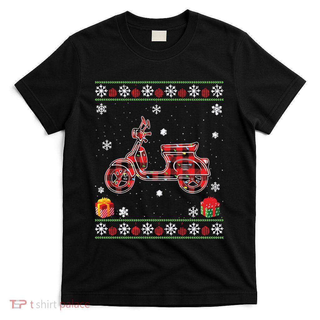 Scooters Red Plaid Xmas Lights Ugly Christmas Sweater Long Sleeve T-Shirt