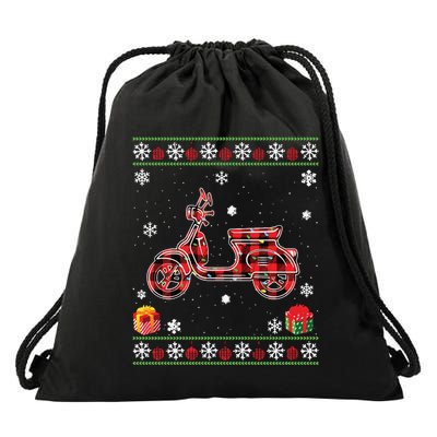 Scooters Red Plaid Xmas Lights Ugly Christmas Sweater Long Sleeve Drawstring Bag