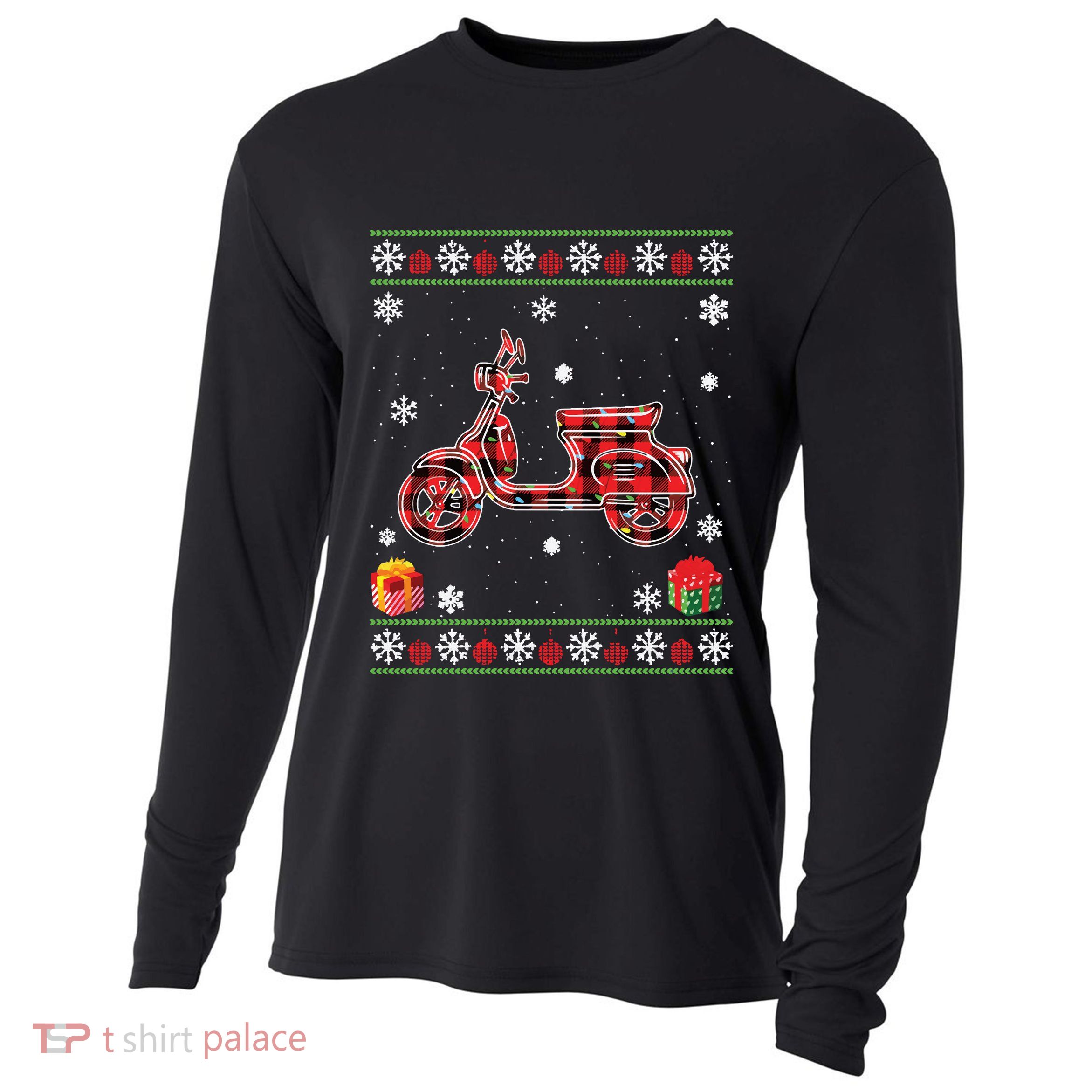 Scooters Red Plaid Xmas Lights Ugly Christmas Sweater Long Sleeve Cooling Performance Long Sleeve Crew