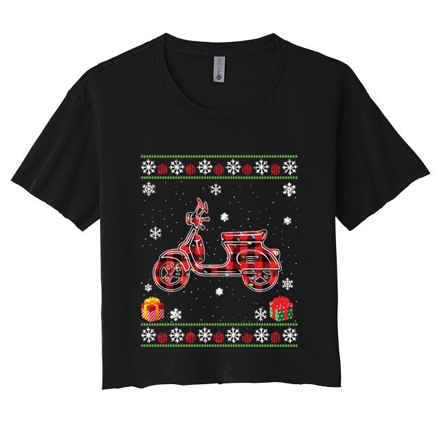 Scooters Red Plaid Xmas Lights Ugly Christmas Sweater Long Sleeve Crop Top