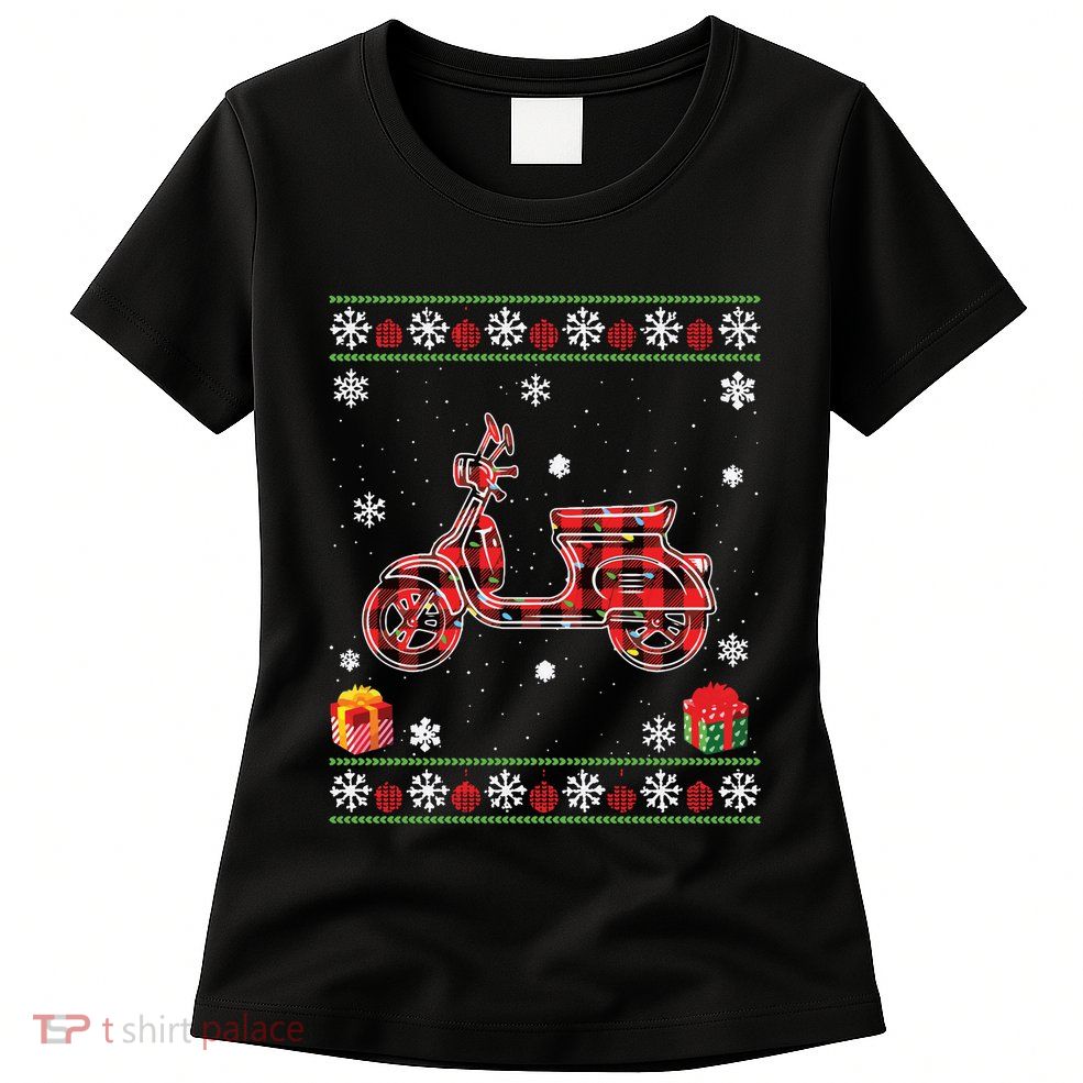 Scooters Red Plaid Xmas Lights Ugly Christmas Sweater Long Sleeve Womens T-Shirt