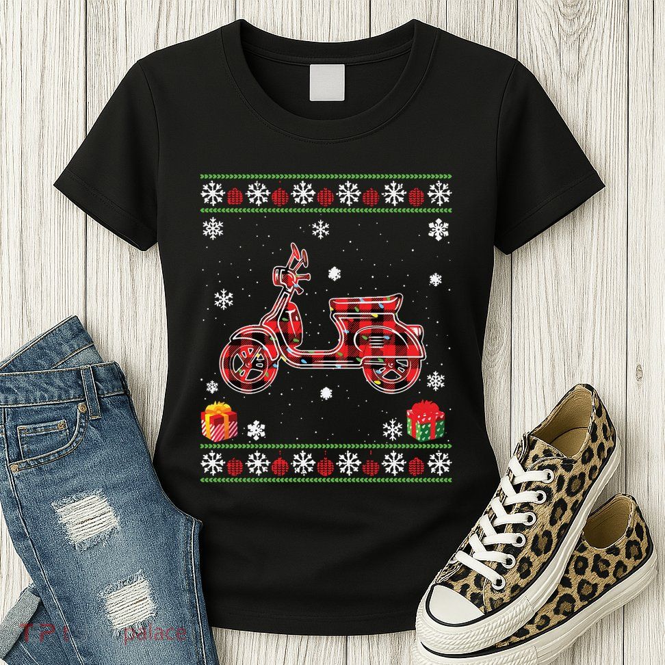 Scooters Red Plaid Xmas Lights Ugly Christmas Sweater Long Sleeve Womens T-Shirt