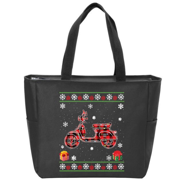 Scooters Red Plaid Xmas Lights Ugly Christmas Sweater Long Sleeve Zip Tote Bag