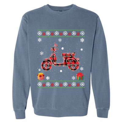 Scooters Red Plaid Xmas Lights Ugly Christmas Sweater Long Sleeve Garment-Dyed Sweatshirt