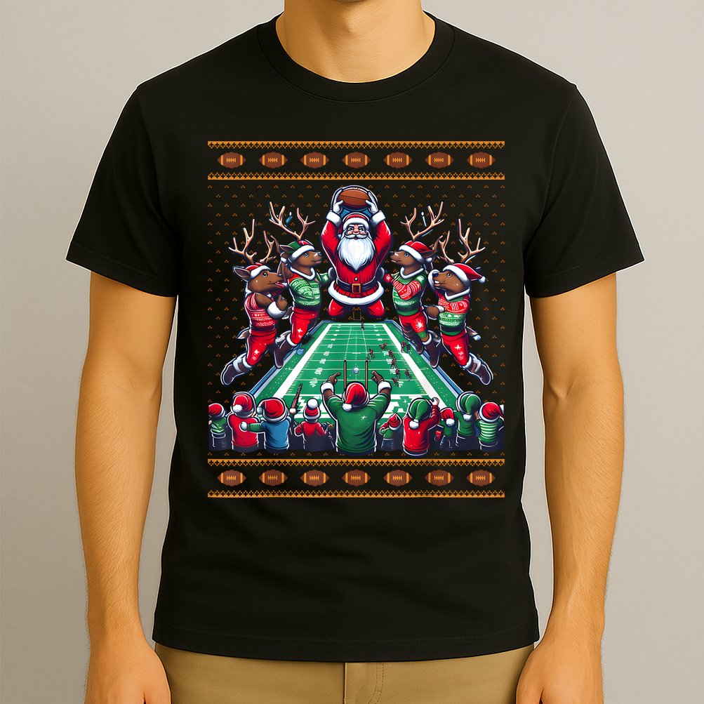 Santa Reindeer Play American Football Christmas Football Fan T-Shirt