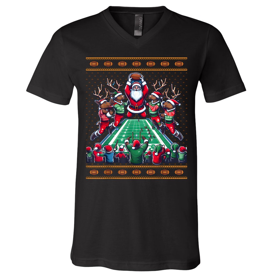 Santa Reindeer Play American Football Christmas Football Fan V-Neck T-Shirt
