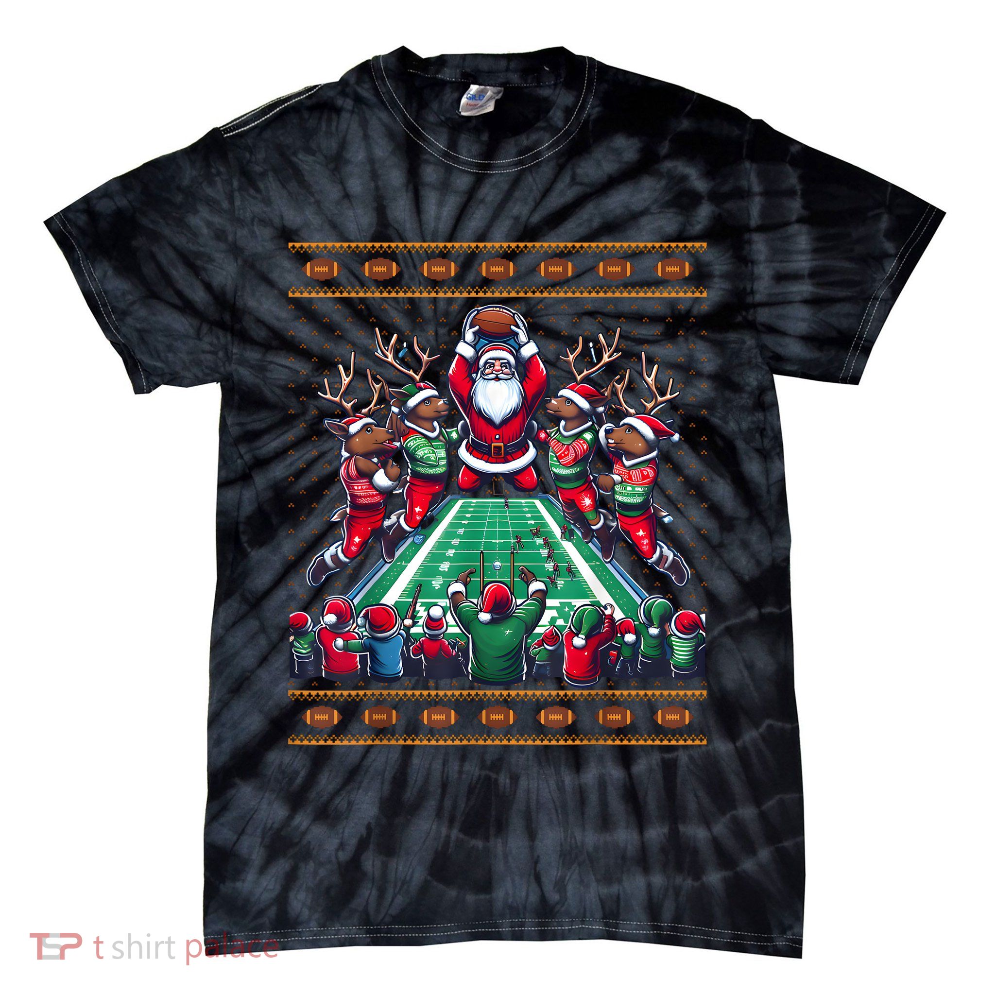 Santa Reindeer Play American Football Christmas Football Fan Tie-Dye T-Shirt