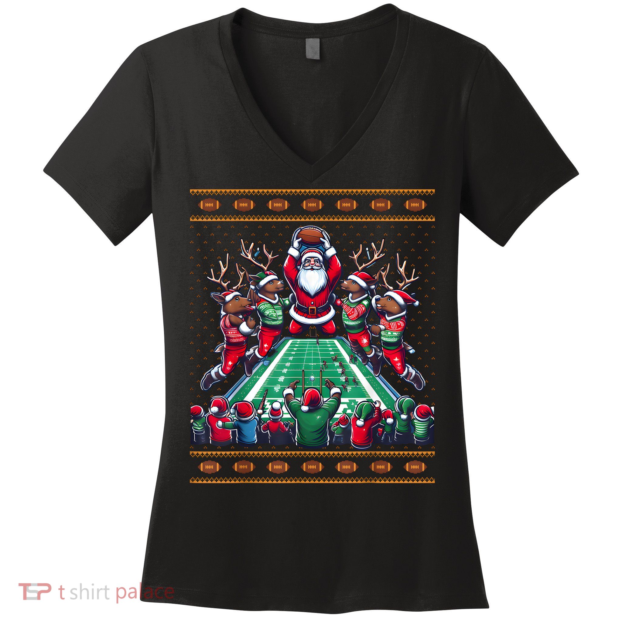 Santa Reindeer Play American Football Christmas Football Fan Women's V-Neck T-Shirt
