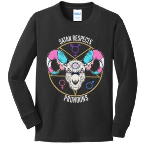 Satan Respects Pronouns Flag Satanist Kids Long Sleeve Shirt