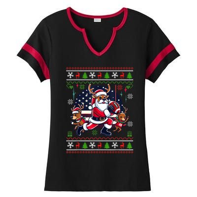 Santa Reindeer Play American Football Ugly Christmas Ladies Halftime Notch Neck Tee