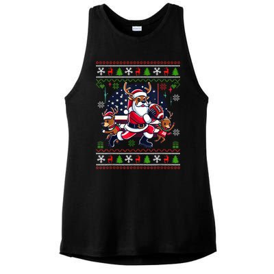 Santa Reindeer Play American Football Ugly Christmas Ladies PosiCharge Tri-Blend Wicking Tank