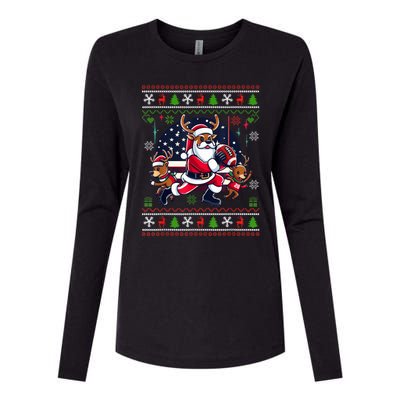 Santa Reindeer Play American Football Ugly Christmas Womens Cotton Relaxed Long Sleeve T-Shirt