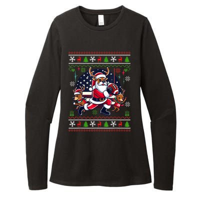 Santa Reindeer Play American Football Ugly Christmas Womens CVC Long Sleeve Shirt