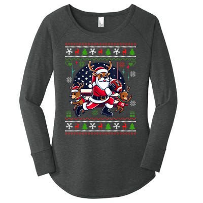 Santa Reindeer Play American Football Ugly Christmas Women's Perfect Tri Tunic Long Sleeve Shirt