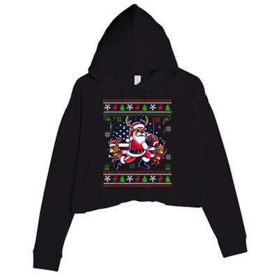 Santa Reindeer Play American Football Ugly Christmas Crop Fleece Hoodie