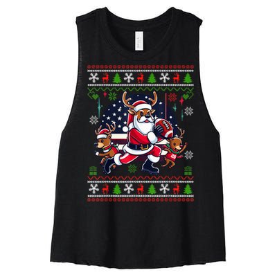 Santa Reindeer Play American Football Ugly Christmas Women's Racerback Cropped Tank